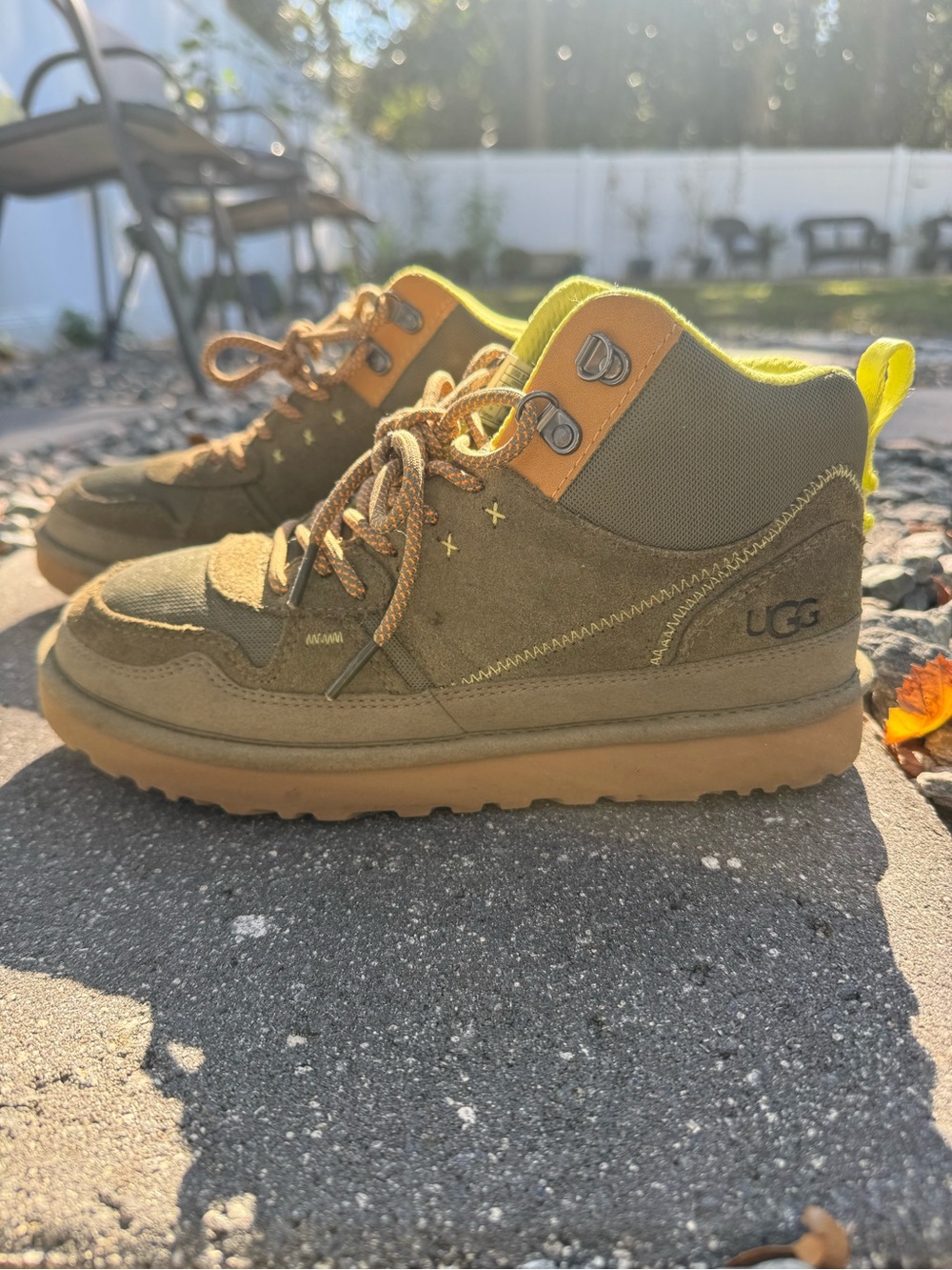 UGG Olive Suede and Neon Yellow Accent Lace-Up high top sneaker